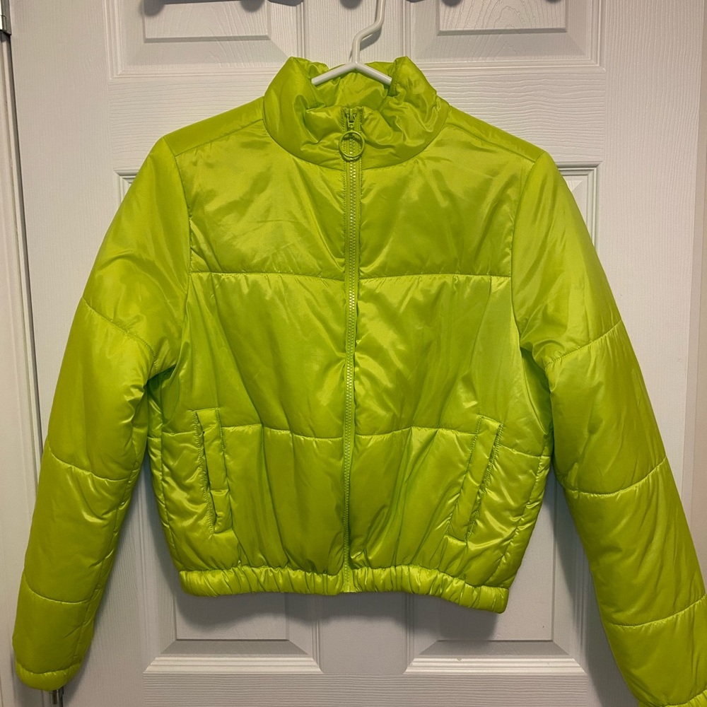 Bright green cropped puff jacket